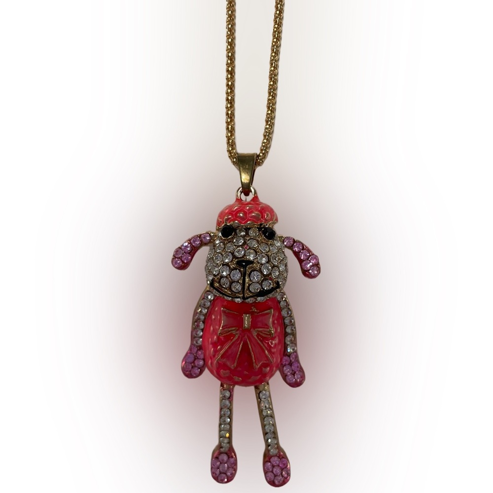 (NWT) Betsey Johnson Pink Enamel & Rhinestone Dog Pendant on Long Necklace